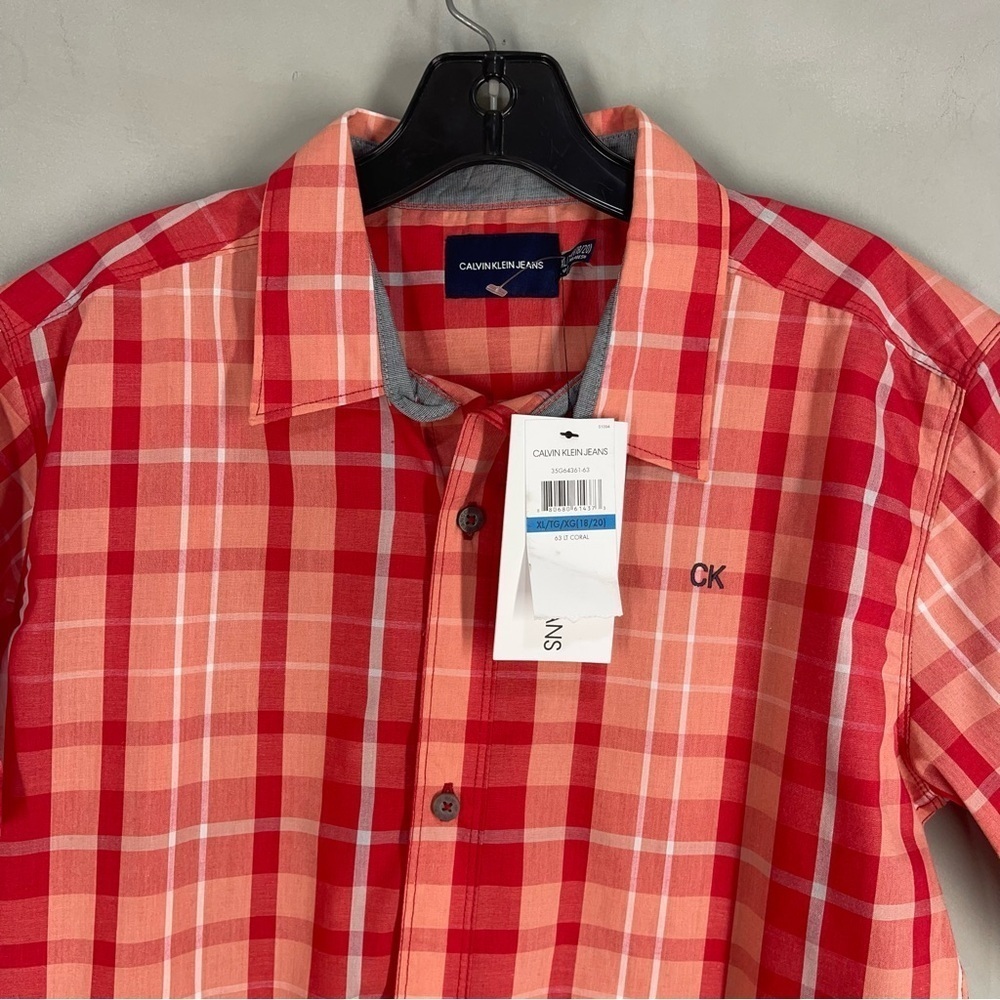 Calvin Klein Jeans Casual Button Down Red Plaid Shirt XL 18-20 New With Tags - Picture 2 of 6